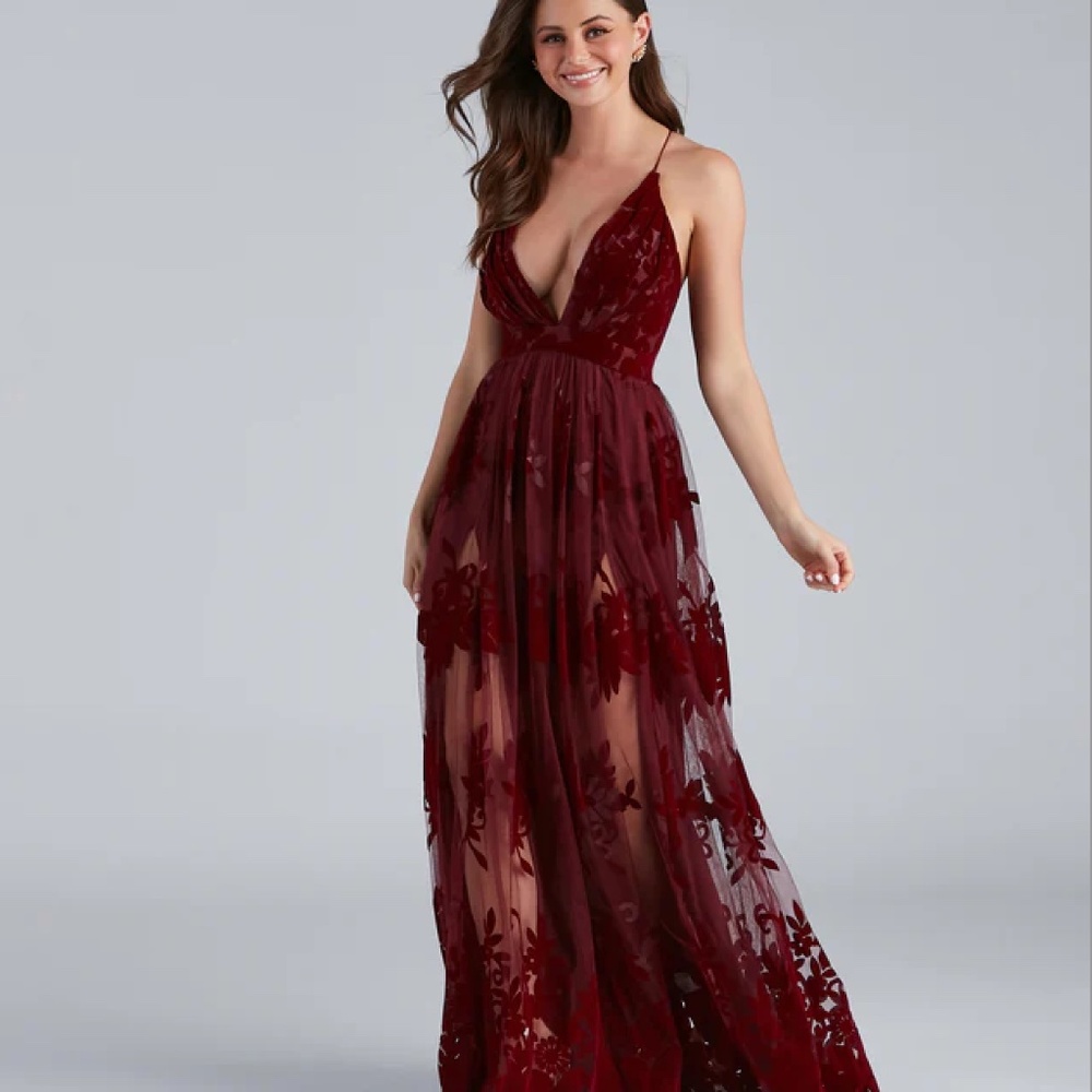 Burgundy Morgan Formal Flocked Velvet Dress
